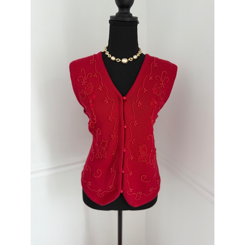 Vintage Y2K Red Knitted‎ Vest Cardigan Beaded Embroidery grandma core Size M